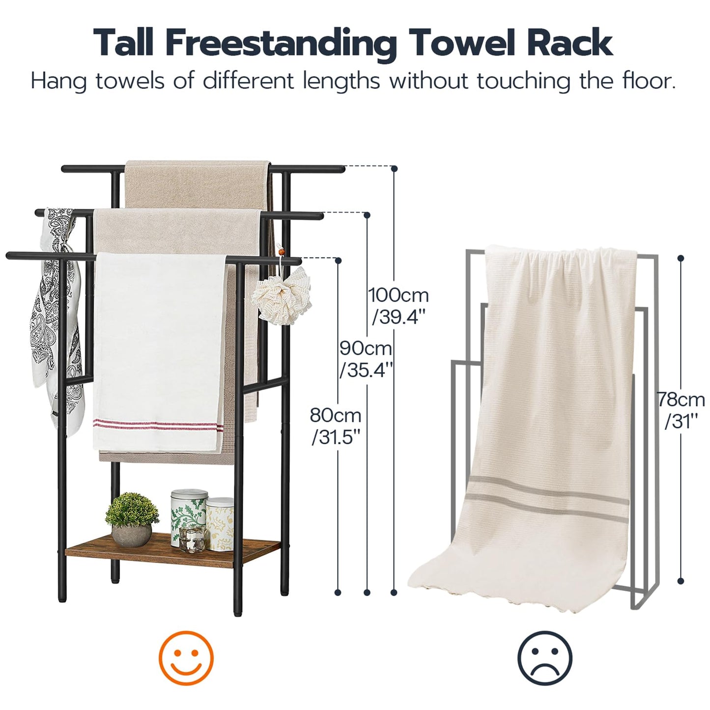 HOOBRO 39.4 inch Tall 3-Tier Freestanding Towel Rack with Shelf