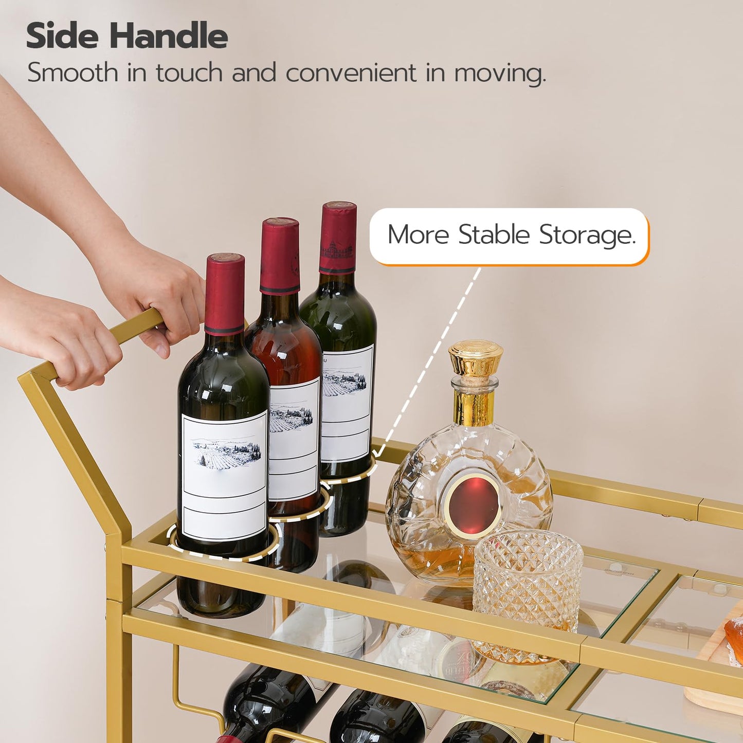 HOOBRO Gold Double-Layer Movable Home Bar Trolley with Wine Rack & Glass Holder & Guardrail
