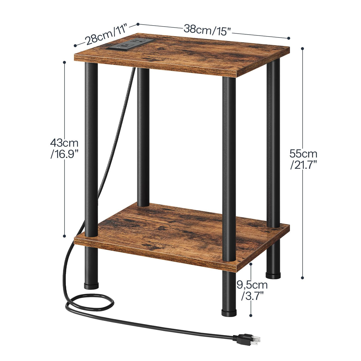 HOOBRO Side Table with Charging Station, Small End Table with USB Port and Outlet, Nightstand with 2-Layer Storage Shelves for Small Spaces, Living Room, Bedroom, Stable Frame, Rustic Brown BF09UBZ01