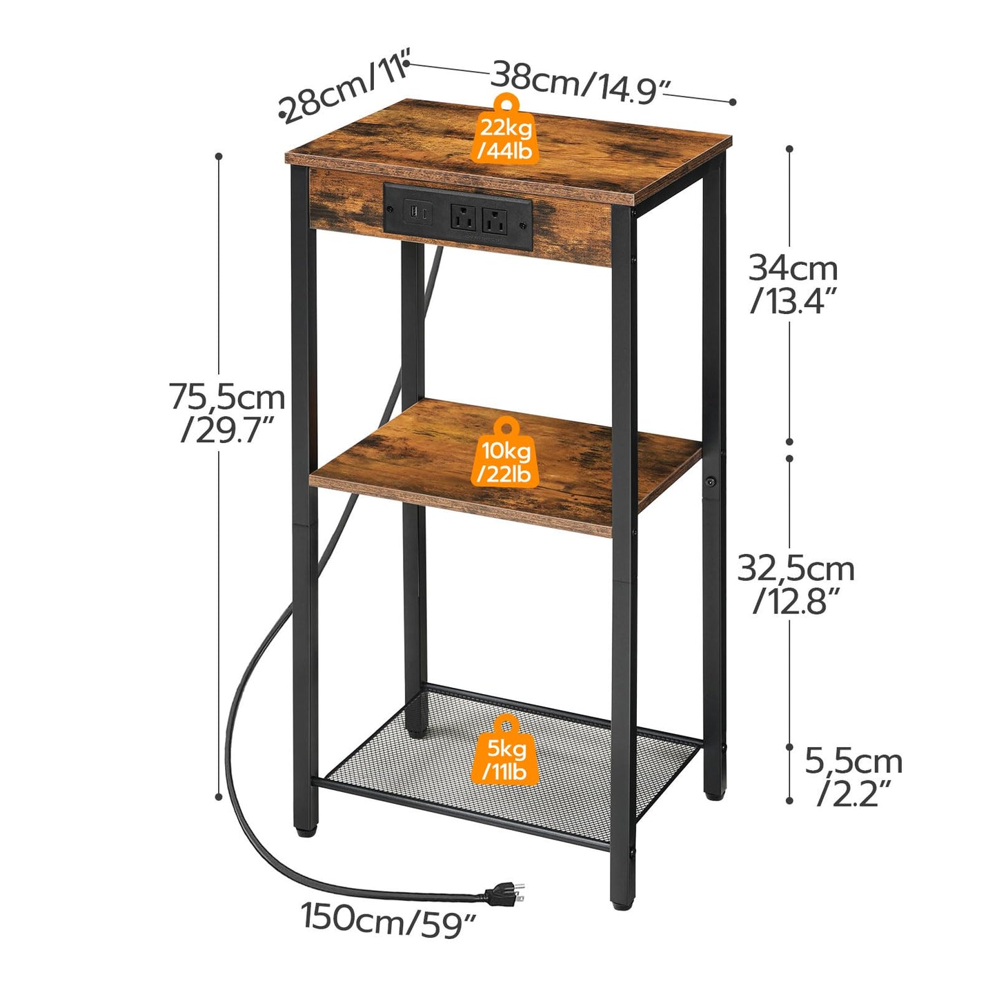 HOOBRO Retro Brown 30-inch Three-Tier Storage High Side Table with Charging Station