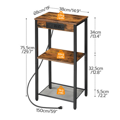 HOOBRO Retro Brown 30-inch Three-Tier Storage High Side Table with Charging Station