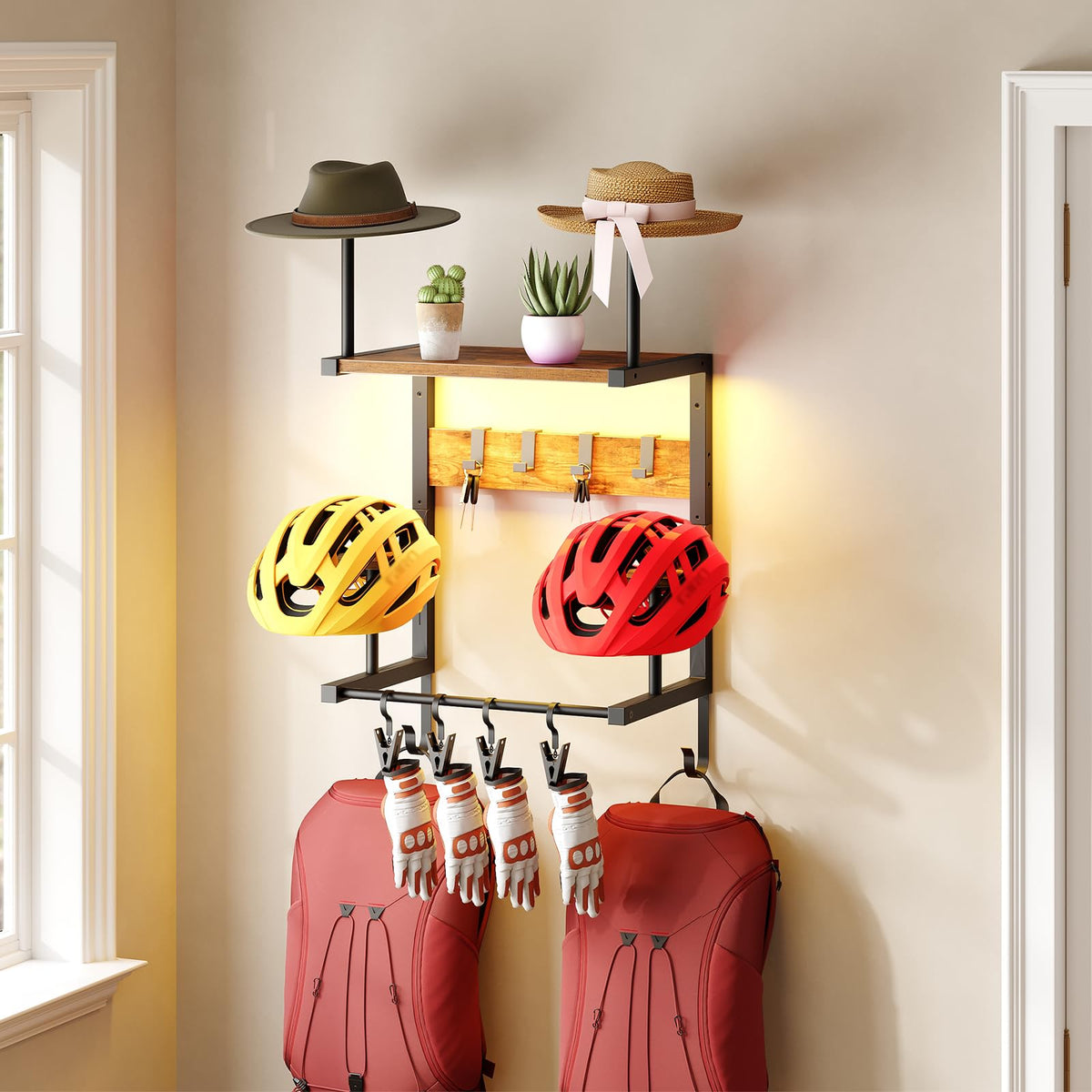 HOOBRO Wall-Mounted Helmet Rack with Light, 4 Holders, Rustic Brown