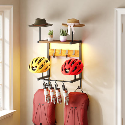 HOOBRO Wall-Mounted Helmet Rack with Light, 4 Holders, Rustic Brown