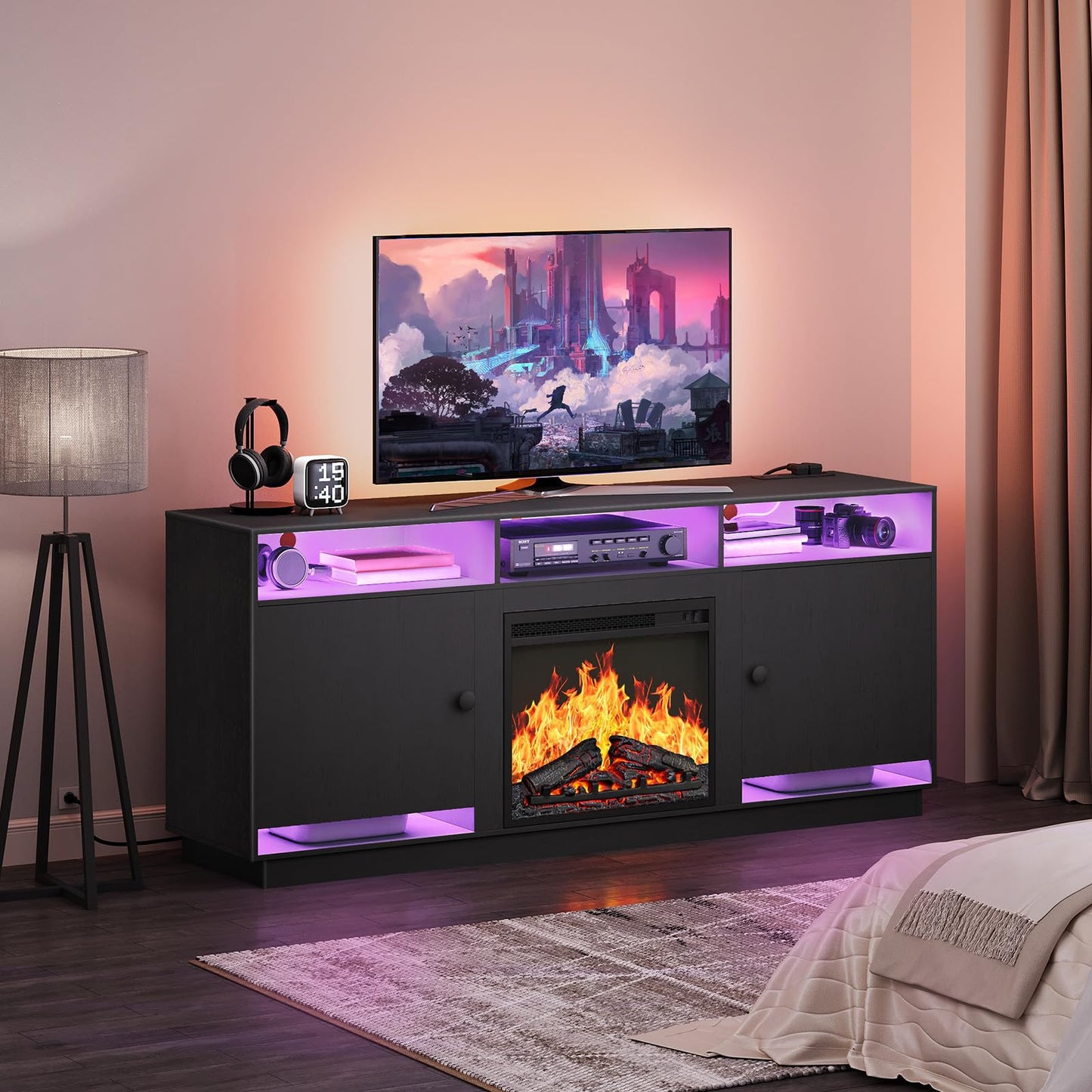 HOOBRO Black Electric Fireplace TV Stand with Charging Station & LED Light Strip & Adjustable Glass Shelf