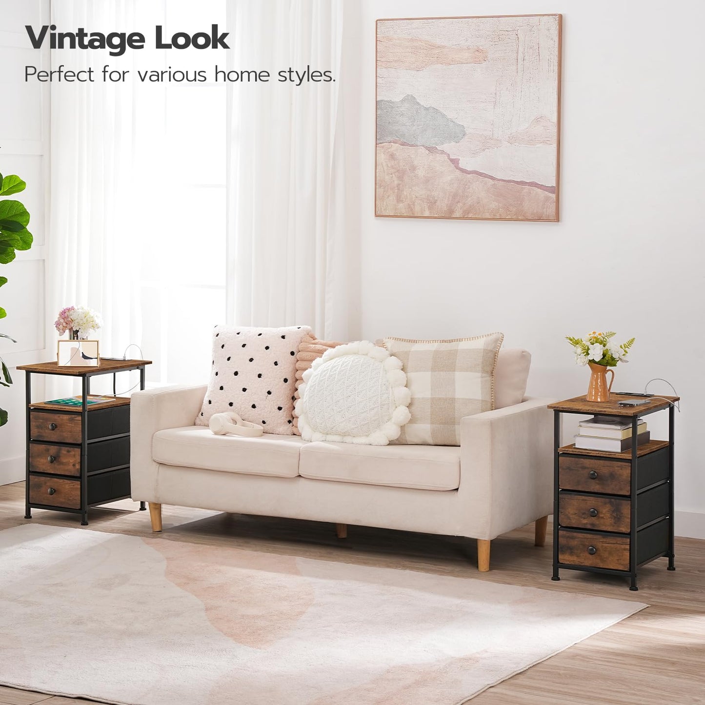 HOOBRO End Table, Narrow Side Table with Charging Station, Nightstand with 3 Non-Woven Fabric Drawers, Bedside Table for Small Spaces, for Living Room, Bedroom, Rustic Brown and Black BF483UBZ01