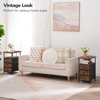 HOOBRO End Table, Narrow Side Table with Charging Station, Nightstand with 3 Non-Woven Fabric Drawers, Bedside Table for Small Spaces, for Living Room, Bedroom, Rustic Brown and Black BF483UBZ01
