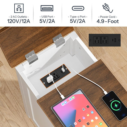 HOOBRO End Table with Charging Station, Farmhouse End Table with Drawer, Slim Nightstand for Living Room, Storage Cabinet, Narrow Side Table for Bedroom, Office, Walnut and White WH364UBZ01