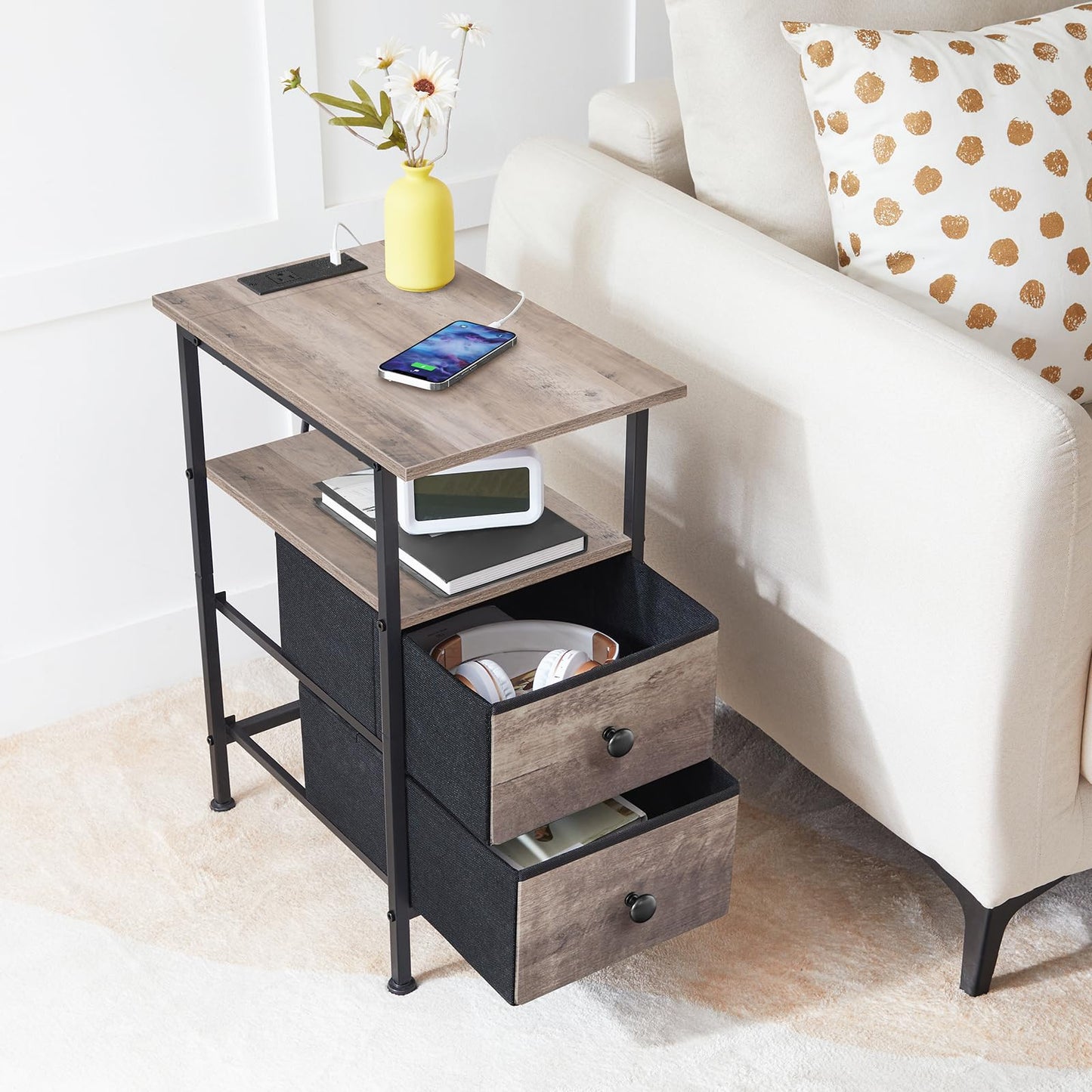 HOOBRO End Table with Charging Station, Narrow Side Table, Nightstand with 2 Non-Woven Drawers, Slim Sofa Side Table, for Small Spaces, Living Room, Bedroom, Greige and Black BG486UBZ01