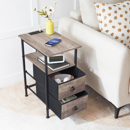 HOOBRO End Table with Charging Station, Narrow Side Table, Nightstand with 2 Non-Woven Drawers, Slim Sofa Side Table, for Small Spaces, Living Room, Bedroom, Greige and Black BG486UBZ01