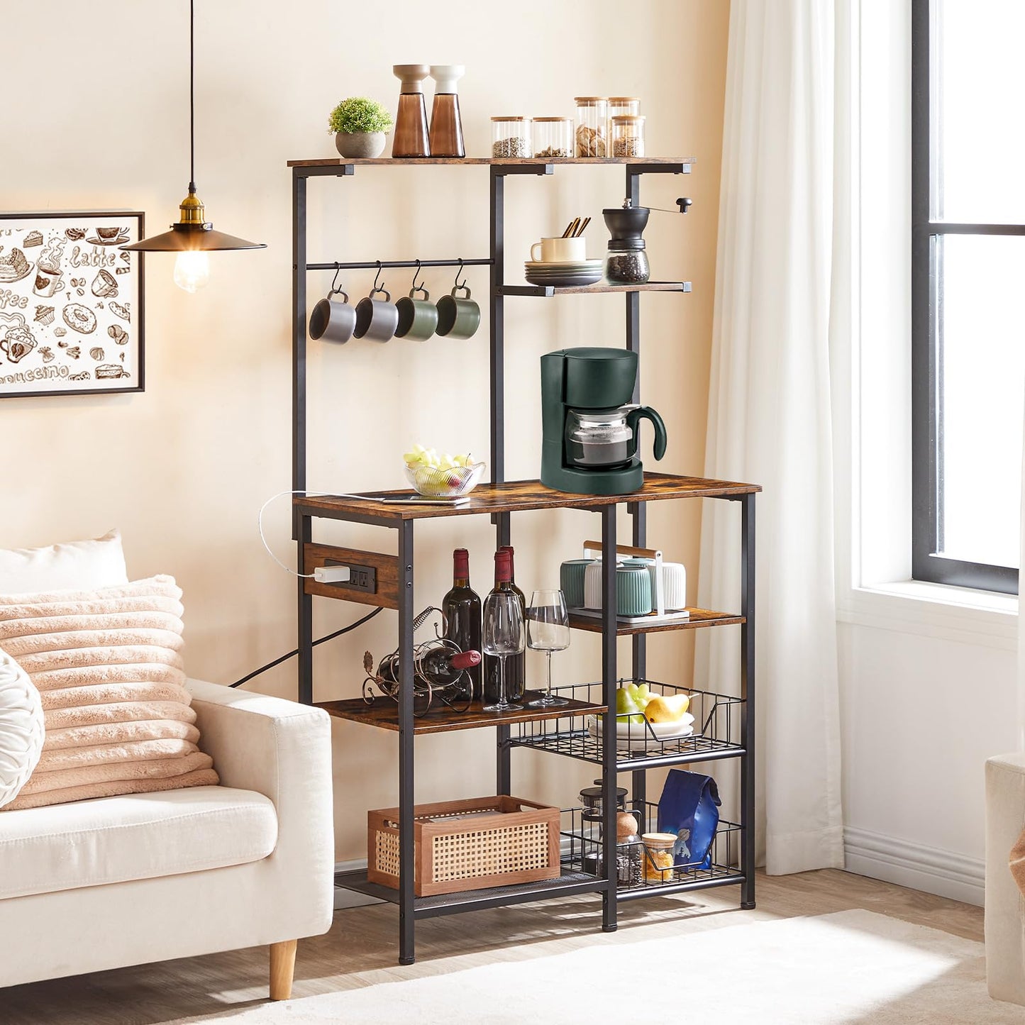 HOOBRO Retro Brown Large Baking Rack with 6-Tier Microwave Oven Rack & 4 Hooks