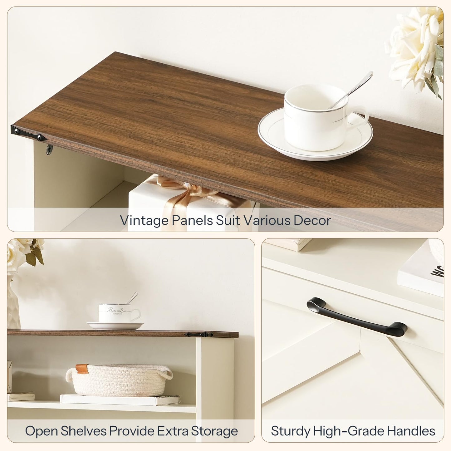 HOOBRO Warm White 31.5-inch Farmhouse Style Long Shoe Cabinet with 2 Flip-Top Drawers & Open Shelves & Adjustable Shelves