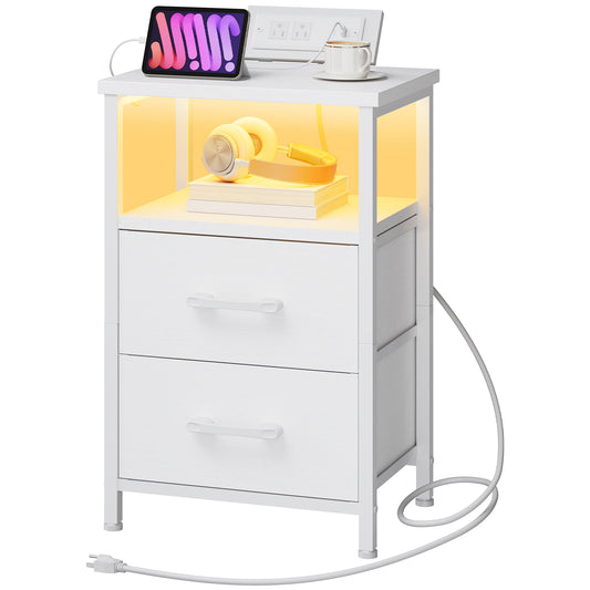HOOBRO Nightstand with Charging Station & LED Light & 2 Fabric Drawers