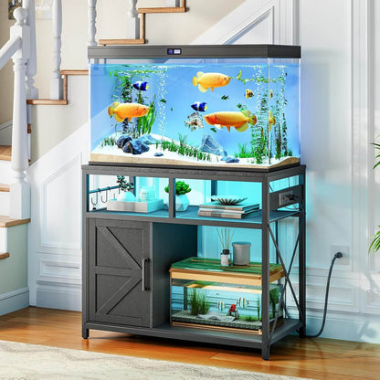 Large aquarium with fish on a stand in a home setting
