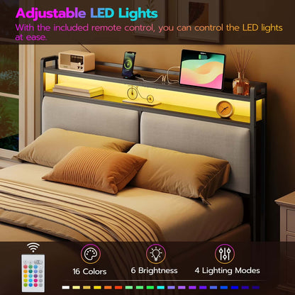 Bed with adjustable LED lights and remote control in a bedroom setting