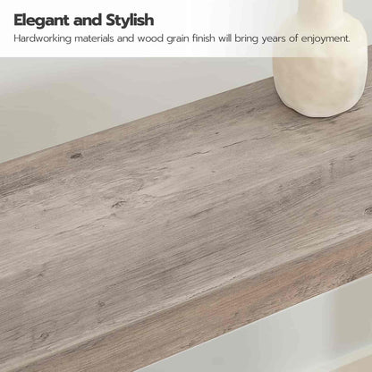 Wooden shelf with a neutral background and text about material quality.