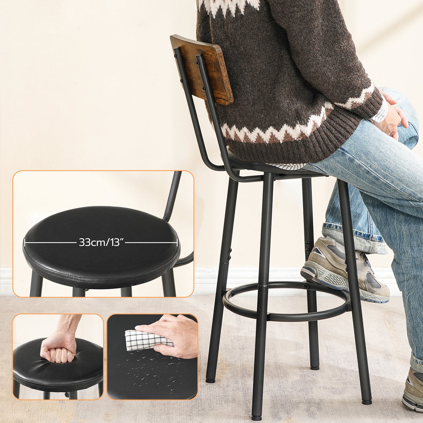 HOOBRO PU Leather Bar Stool with Footrest & Back / 2PICS