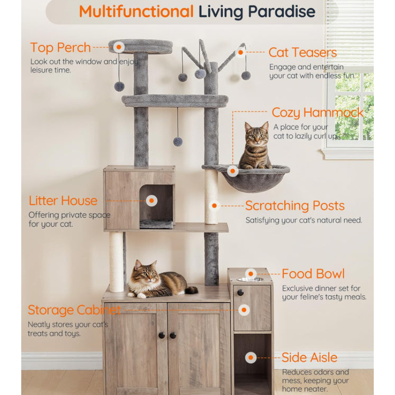 HOOBRO Greige 68.9-inch Concealed All-in-One Tall Cat Tree with Litter Box Enclosure