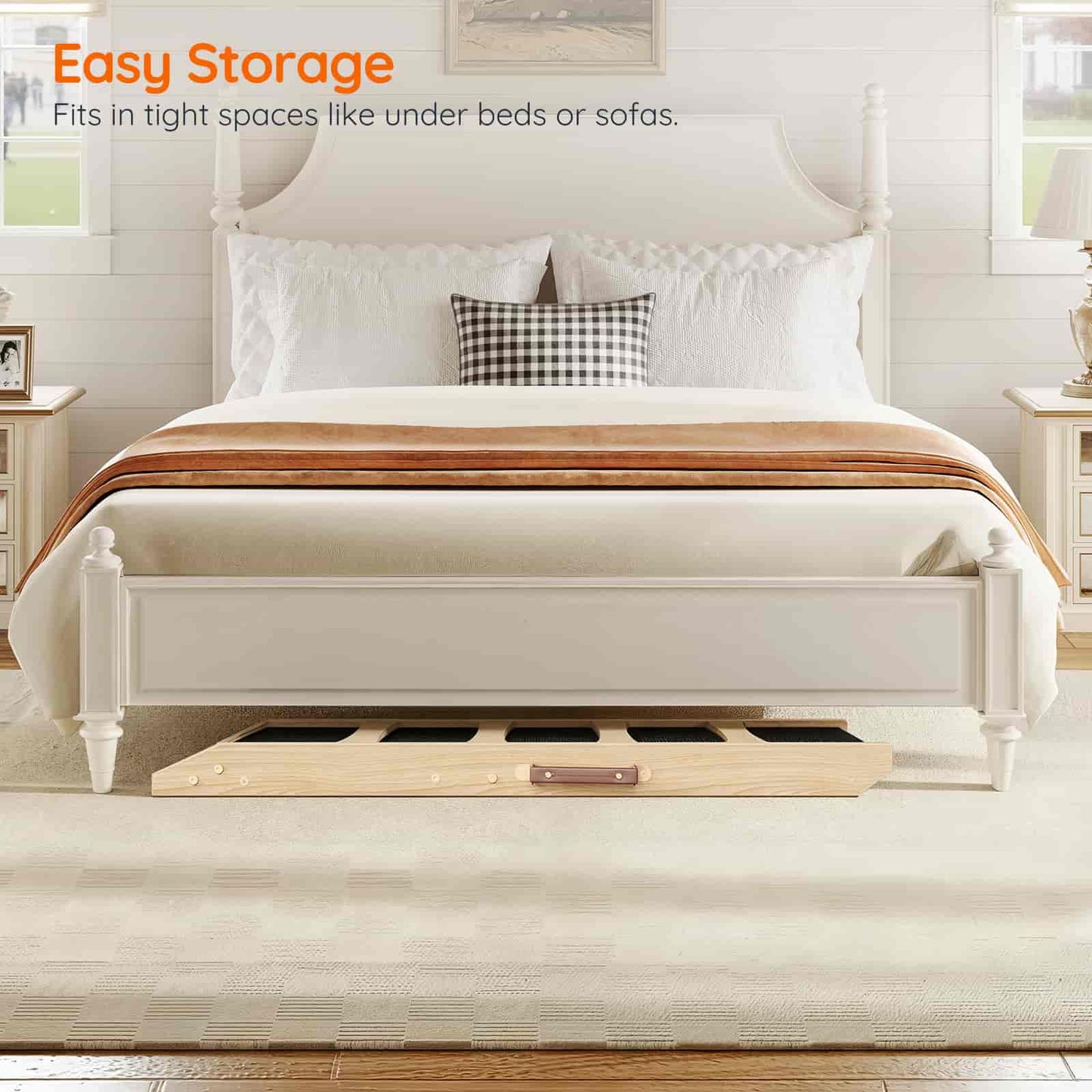 Bed with storage drawers under the bed in a bedroom setting.