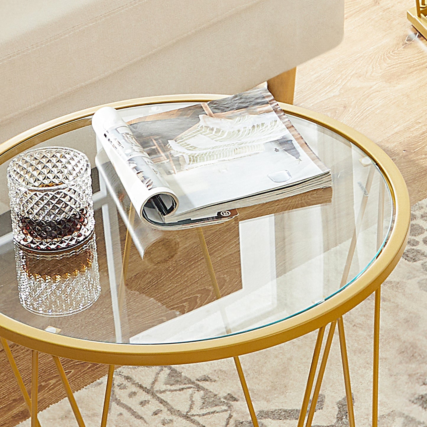 HOOBRO Modern Style Round Metal Frame Small Coffee Table Set / 2PICS