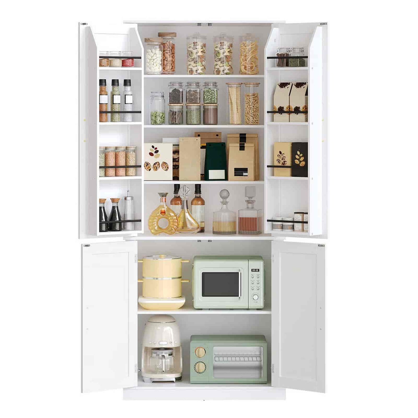 White kitchen cabinet with open doors displaying various kitchen items on a white background