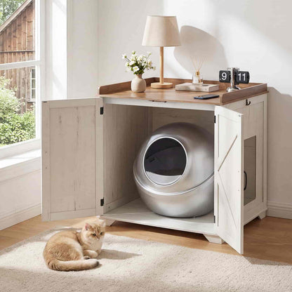Cat litter box inside a wooden cabinet with a cat sitting on the floor.