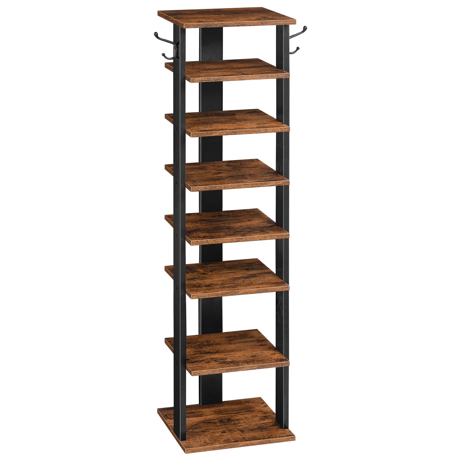 Slim 8-tier skinny shoe tower organizer in rustic brown with side hanging hooks.