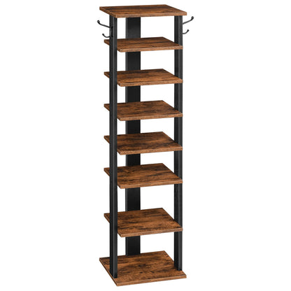 Slim 8-tier skinny shoe tower organizer in rustic brown with side hanging hooks.