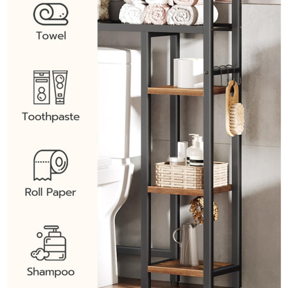 HOOBRO Retro Brown 5-Tier Toilet Above Shelf with Toilet Paper Holder & Hooks