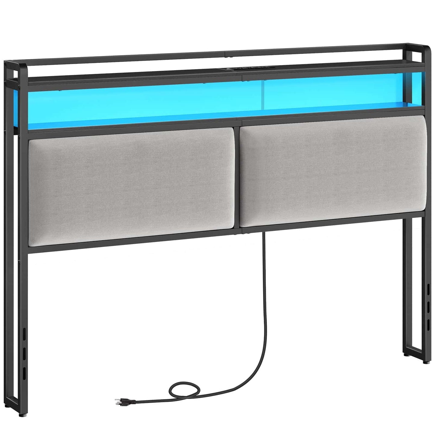 Modern headboard with gray upholstered panels and a blue LED strip on a white background