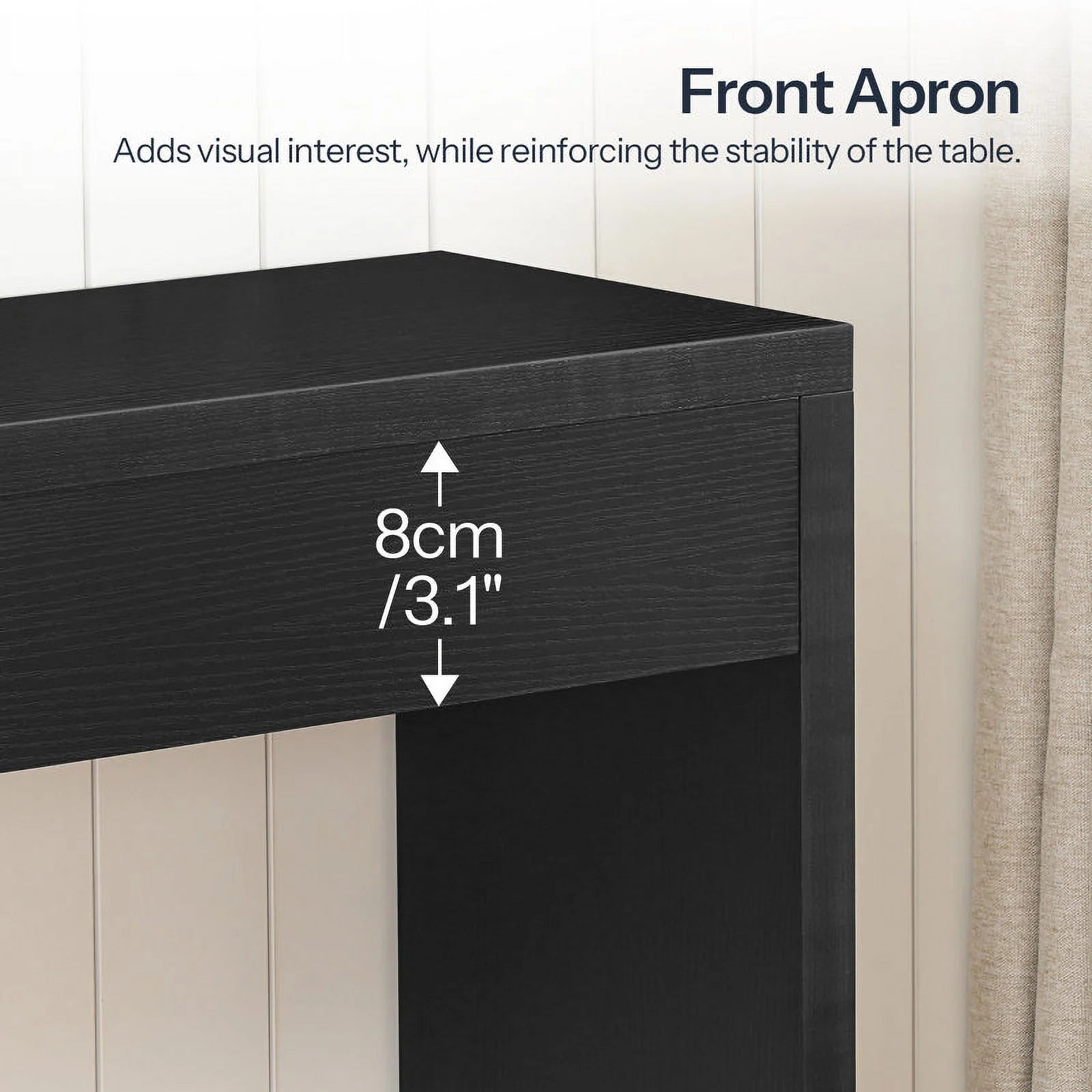 Black table front apron with text and measurement details on a neutral background