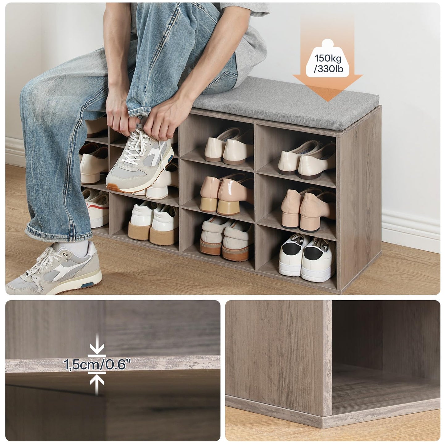 HOOBRO Grey 39.4-inch Long Padded Shoe Bench