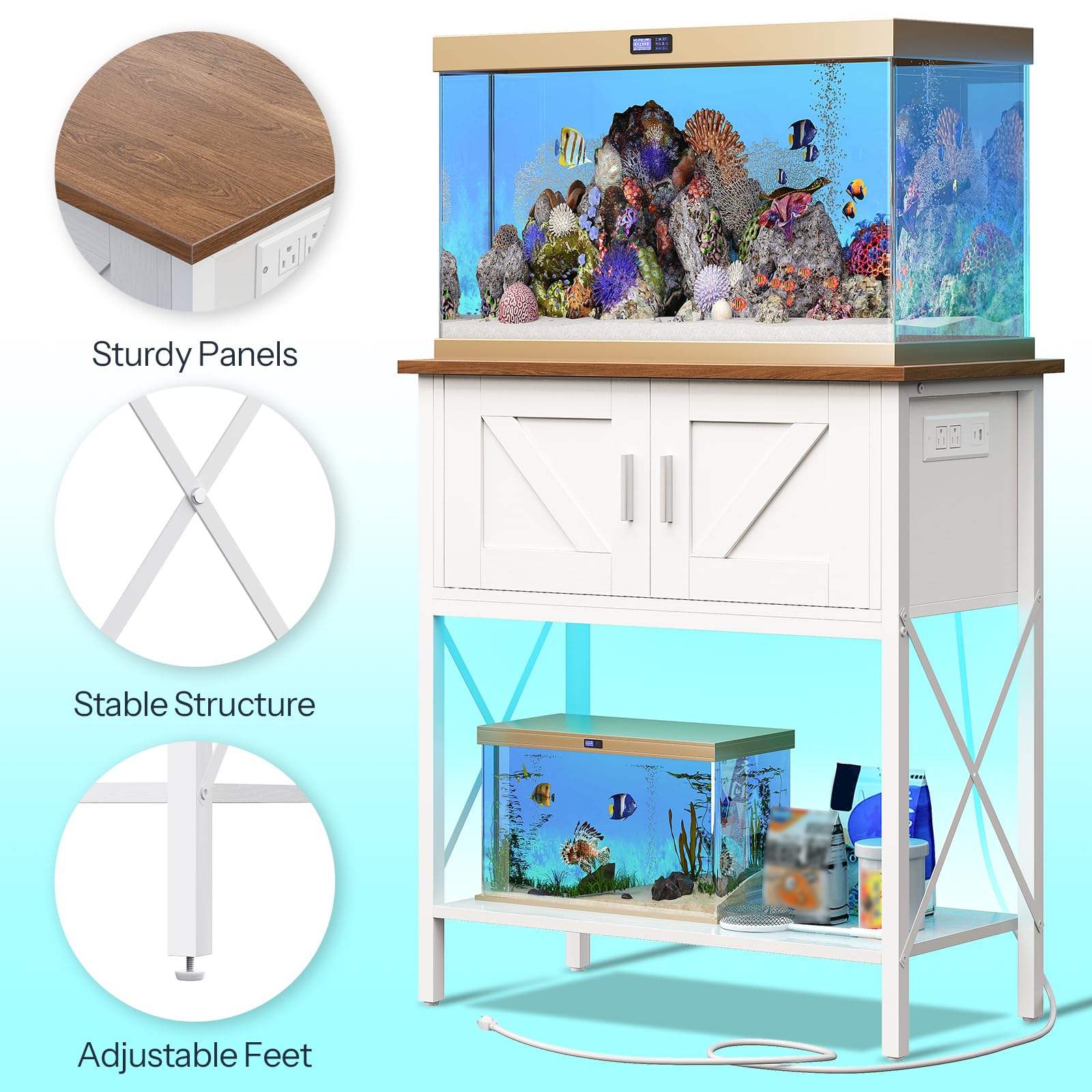Fish tank with wooden top and white stand on a light blue background