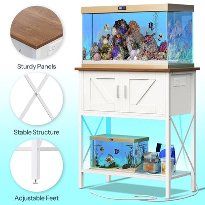 Fish tank with wooden top and white stand on a light blue background