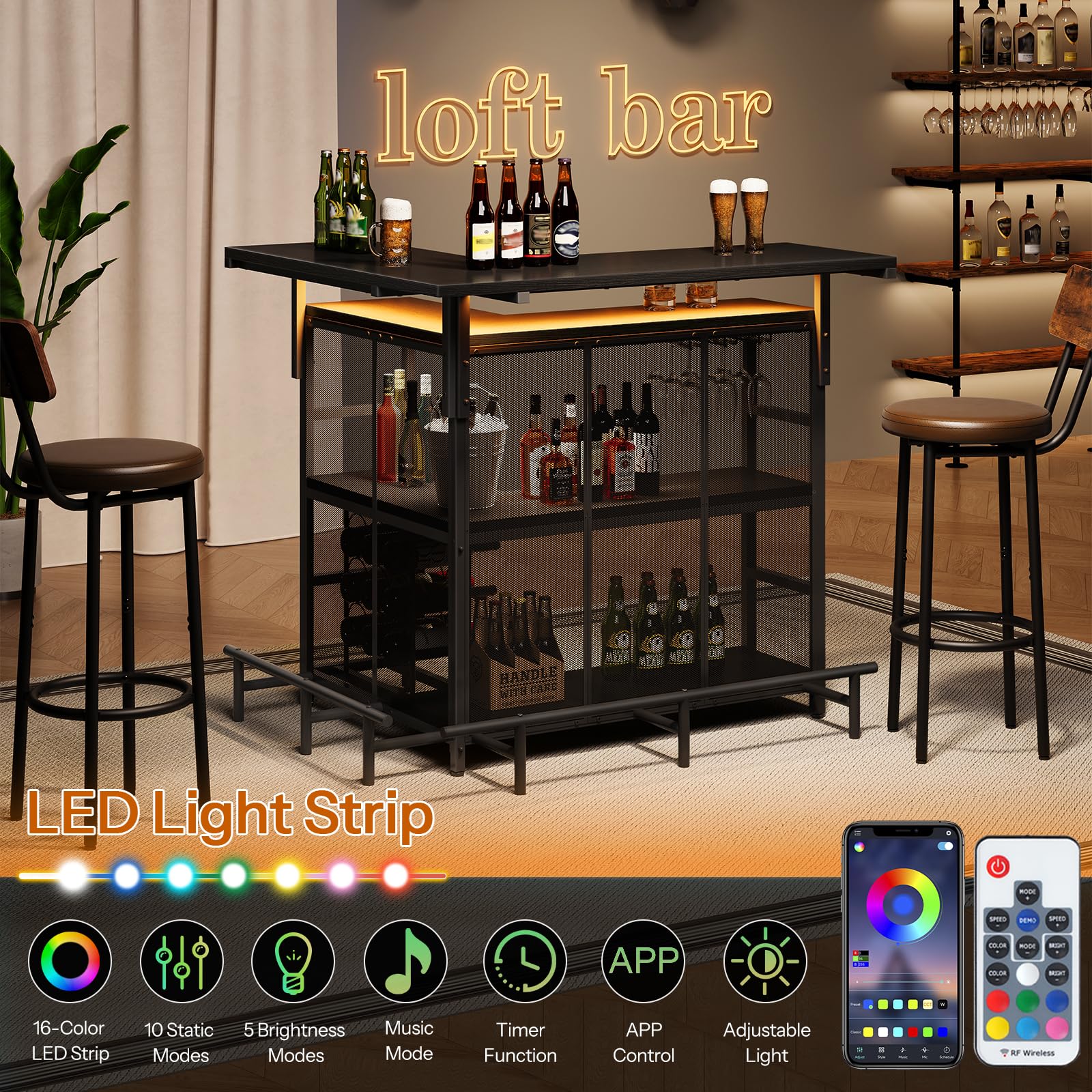 Bar setup with bottles, glasses, and LED light strip control panel in a room labeled 'loft bar'.