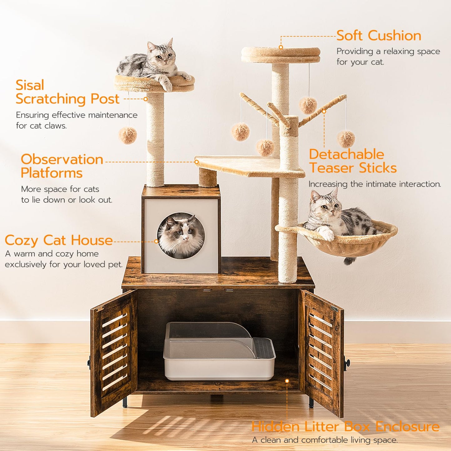 HOOBRO Wooden Cat Tree with Litter Box Enclosure