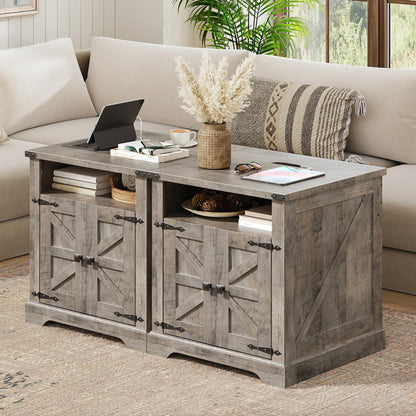 HOOBRO Farmhouse End Table with Charging Station, Large Side Table 23.6" Sofa End Table for Living Room, Barn Door, Flip Top, Wooden Square Nightstand Bedside Table, Greige