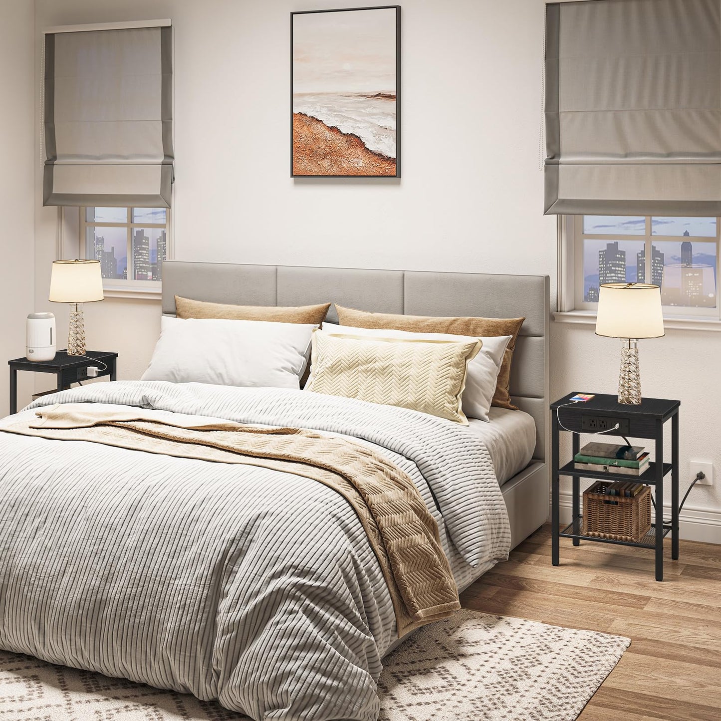 HOOBRO Black Triple-Shelf Adjustable Compact Side Table with Charging Station & USB Port