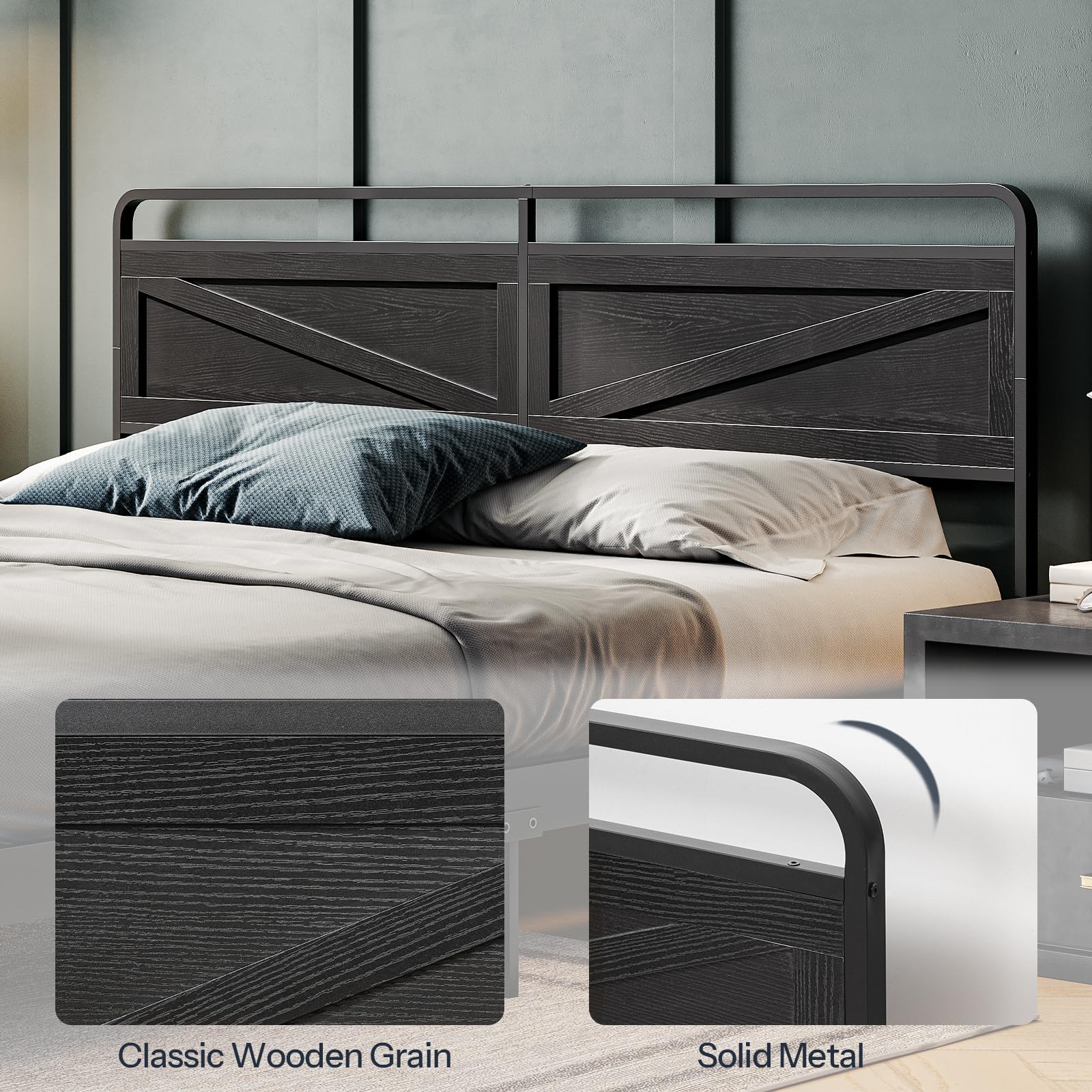 Bed with wooden grain and solid metal headboard options shown.