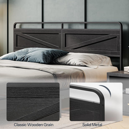 Bed with wooden grain and solid metal headboard options shown.