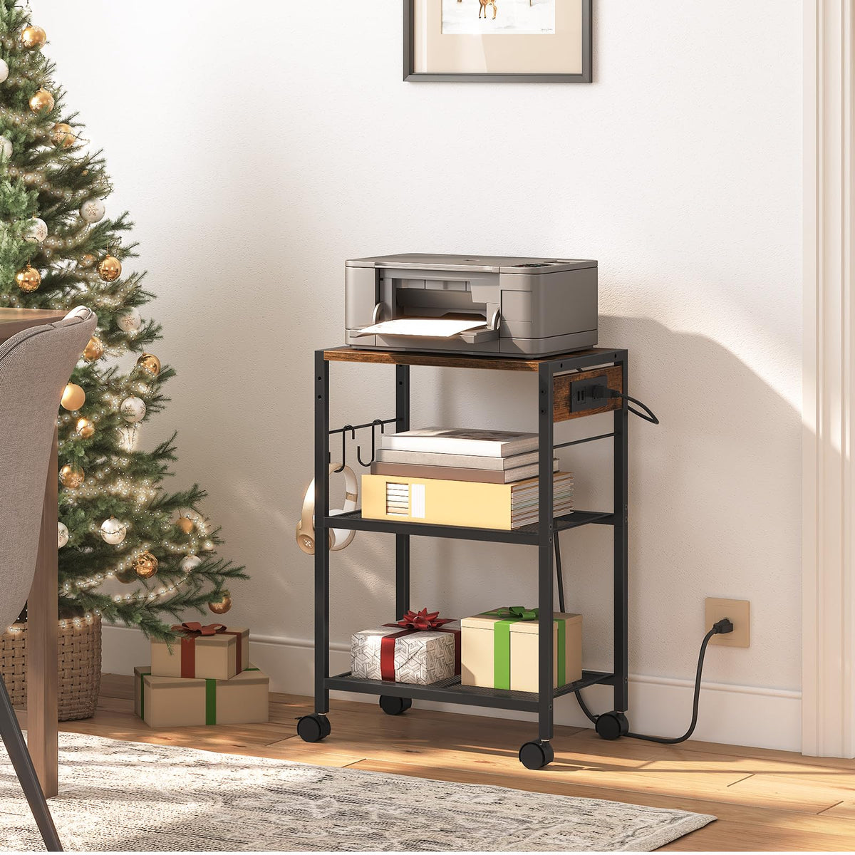 HOOBRO Industrial Printer Stand, 3-Tier Mobile Printer Table, Rolling Cart with Power Outlets and USB Ports, Home Printer Stand with 2 Hooks, for Office, Living Room, Rustic Brown BF22UPS01
