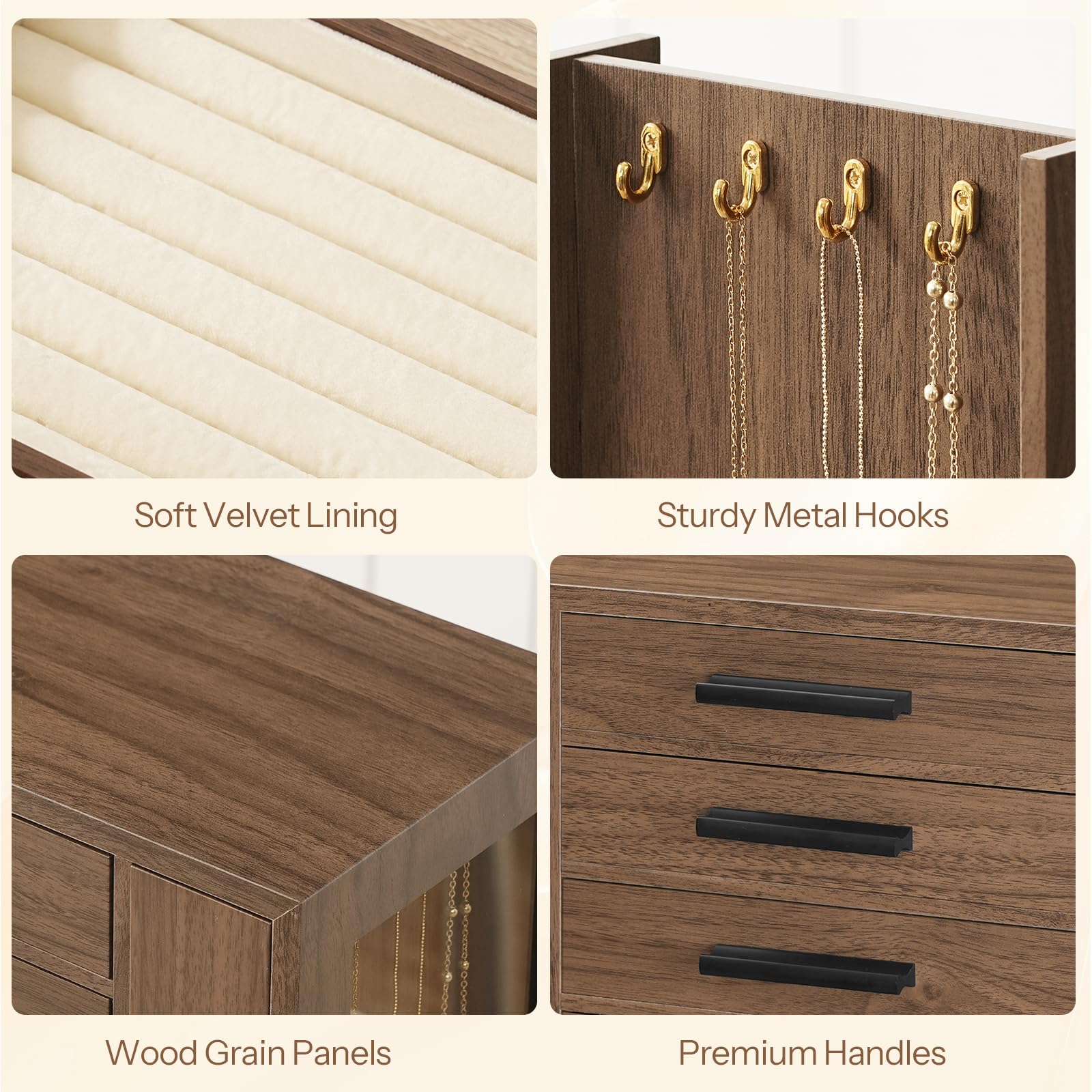 Collage of jewelry organizer features including soft velvet lining, sturdy metal hooks, wood grain panels, and premium handles.