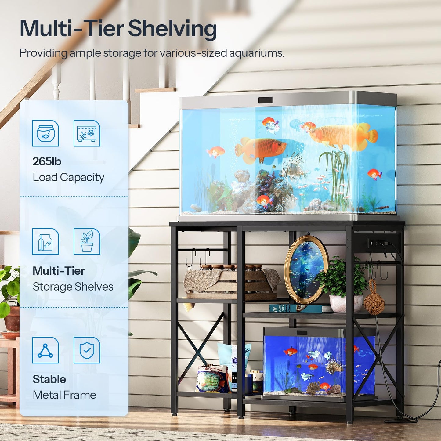 Multi-tier shelving unit with aquariums and storage shelves in a home setting.