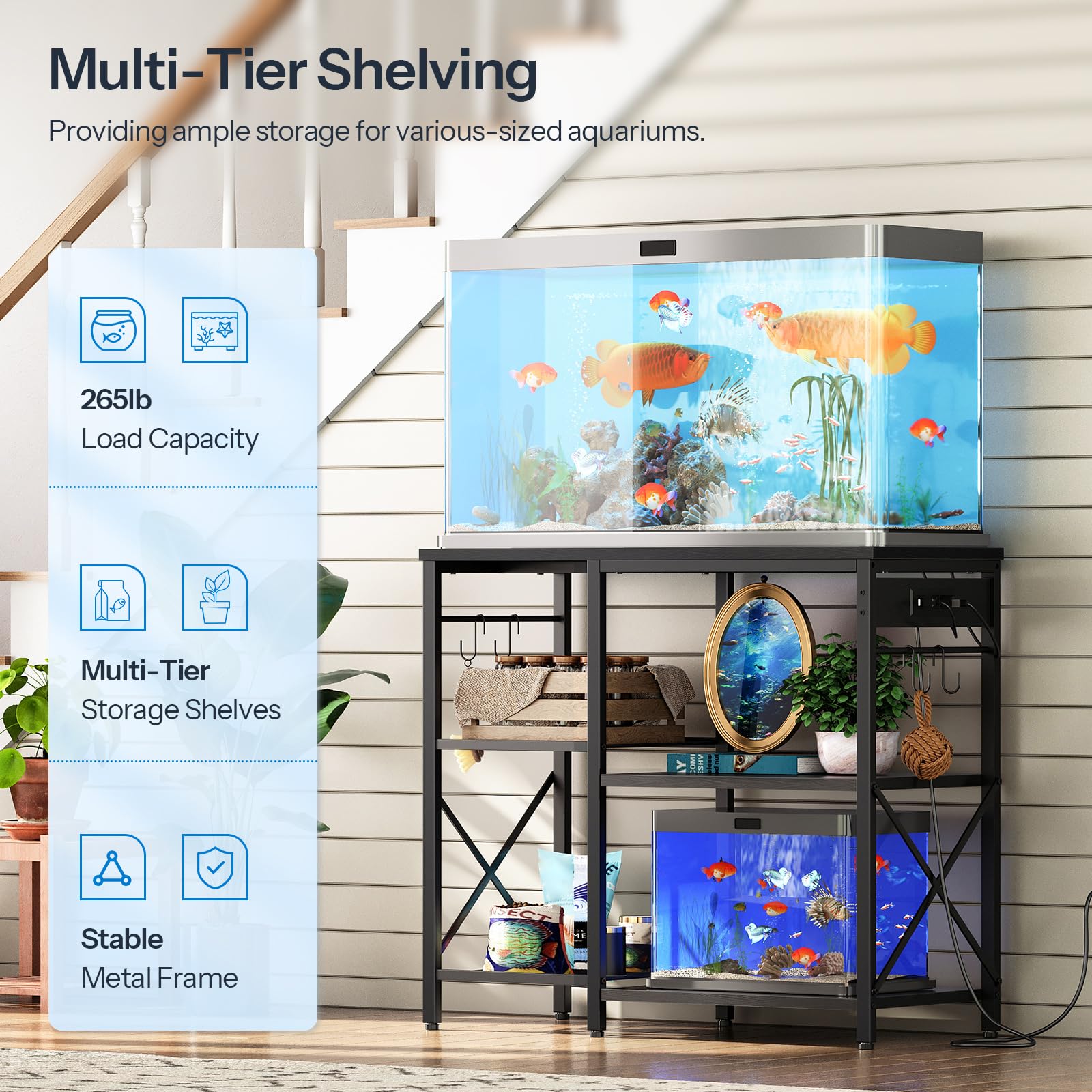 Multi-tier shelving unit with aquariums and storage shelves in a home setting.