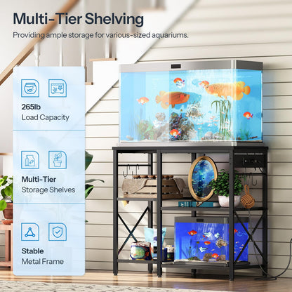 Multi-tier shelving unit with aquariums and storage shelves in a home setting.