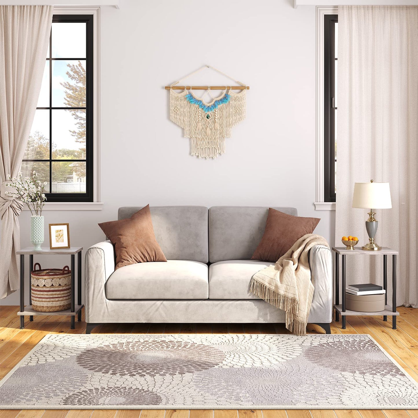 HOOBRO Greige Small Side Table with Double-Layer Storage Shelf