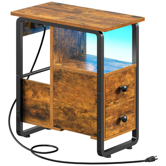 HOOBRO Narrow Nightstand with Charging Station & LED Lights, Narrow Side Table with Fabric Drawer, Open Shelves, Slim End Table for Living Room, Bedroom, Rustic Brown and Black BF430UDBZ01