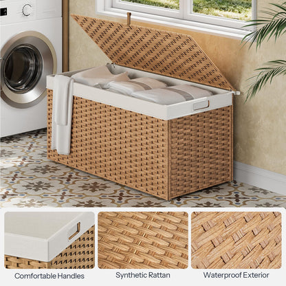 HOOBRO Storage Basket with Lid, 52.8 Gallon (200L) Wicker Basket, Handwoven Blanket Storage Basket with Handles, Metal Frame and Soft Lining, Foldable for Bedroom, Laundry Room, Natural NL220CW01