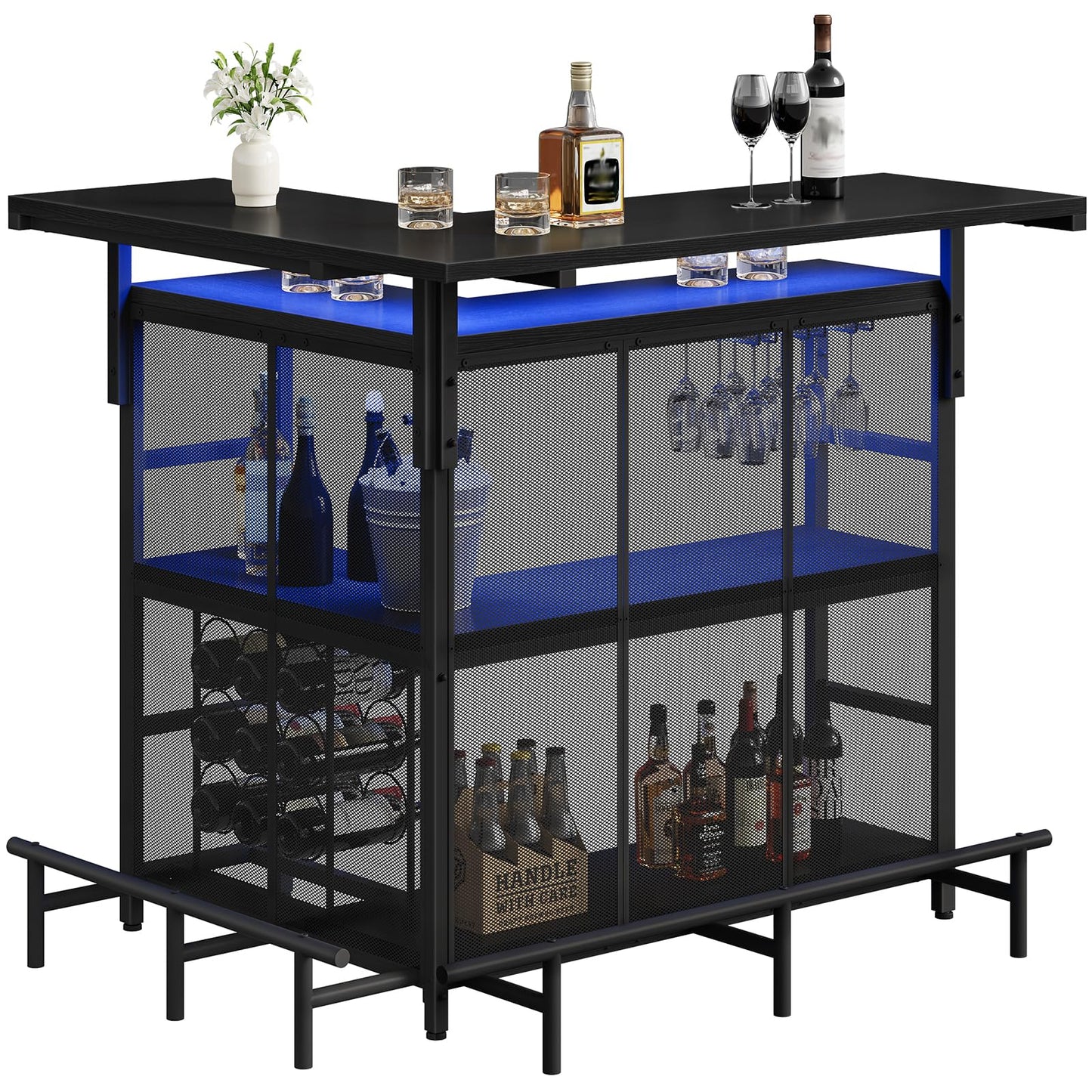 HOOBRO Black L-Shaped Corner Mini Home Bar Counter with App Control & Wine Glass Rack & 4-Tier Shelf & Footrest & LED Light