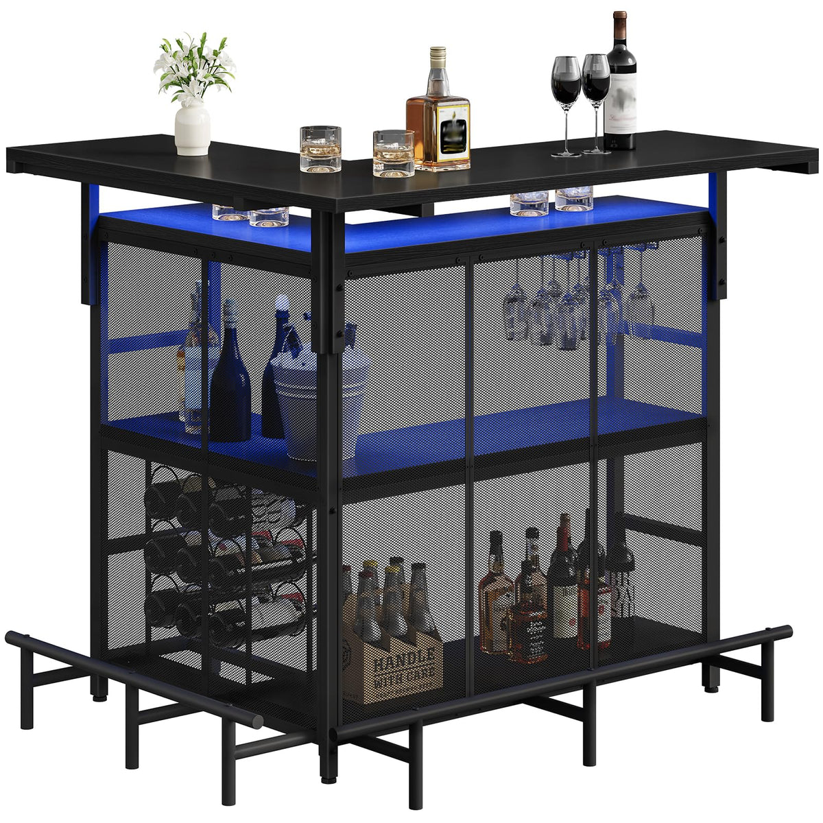 Bar cart with blue top and black mesh sides, containing bottles and glasses.