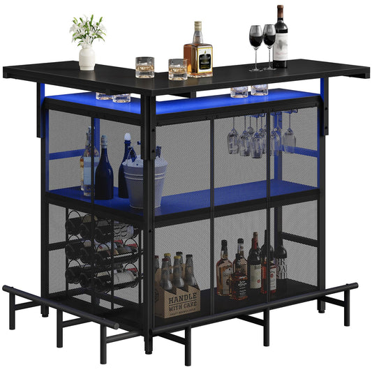 HOOBRO Black L-Shaped Corner Mini Home Bar Counter with App Control & Wine Glass Rack & 4-Tier Shelf & Footrest & LED Light